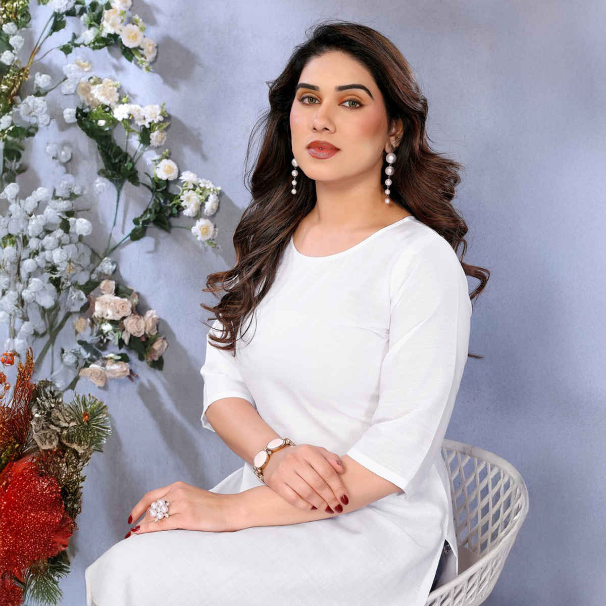 Riglozi White 3/4 Sleeves Cotton Made White Long Round Neck Regular wear Kurti for Women | M