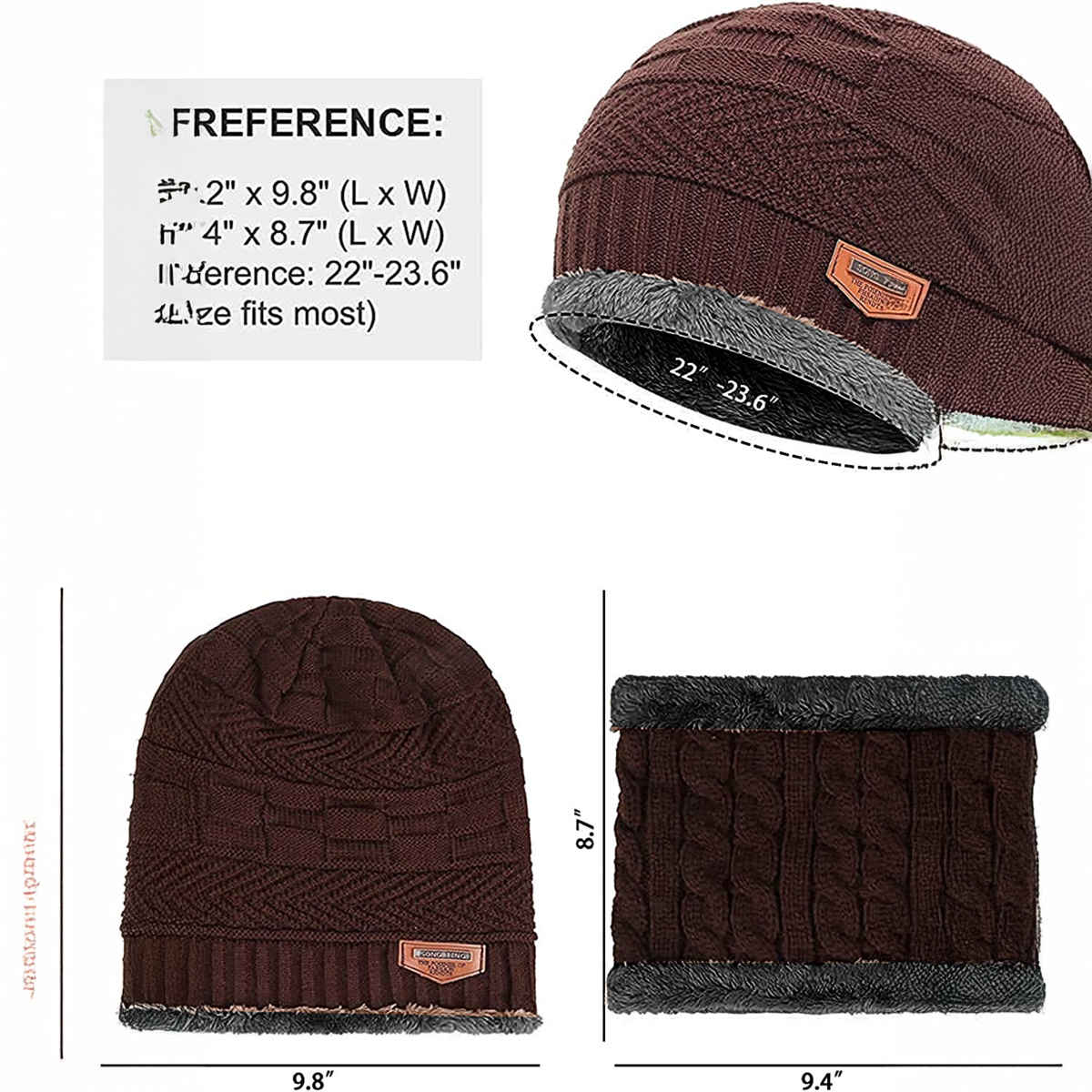 Infispace Unisex Fur Fleece Lined Beanie Knitted Cap with Neck Warmer | Brown