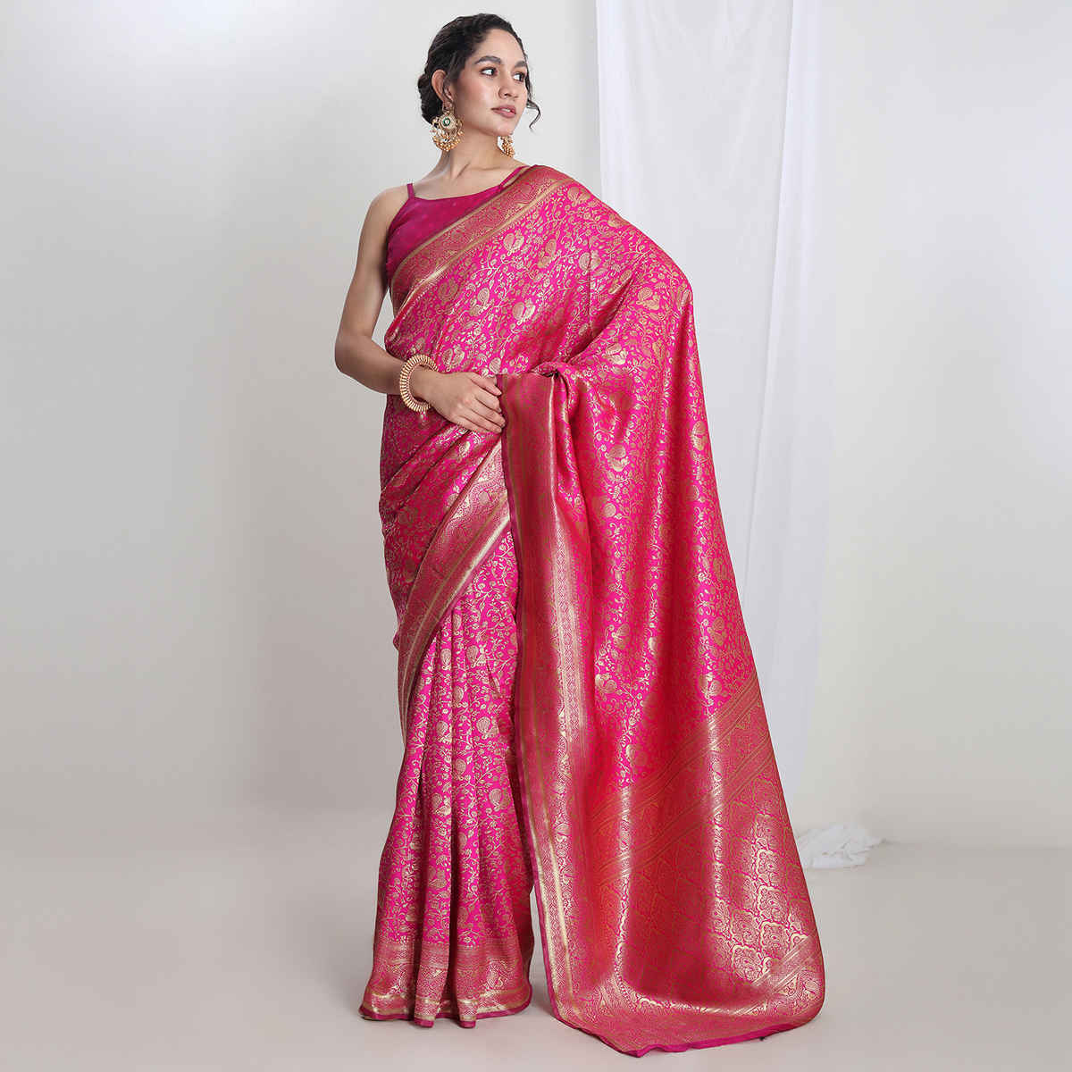 Janasya Women's Silk Blend Floral Woven Design Jacquard Saree with Blouse Piece | SAR654 | Pink