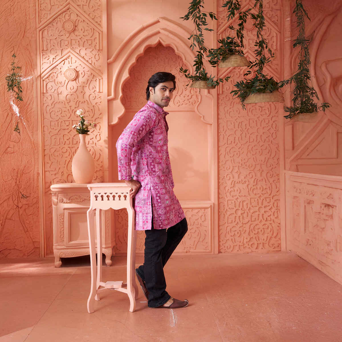 House Of Festivals Men's Printed Cotton Blend Long Kurta | Purple - XL