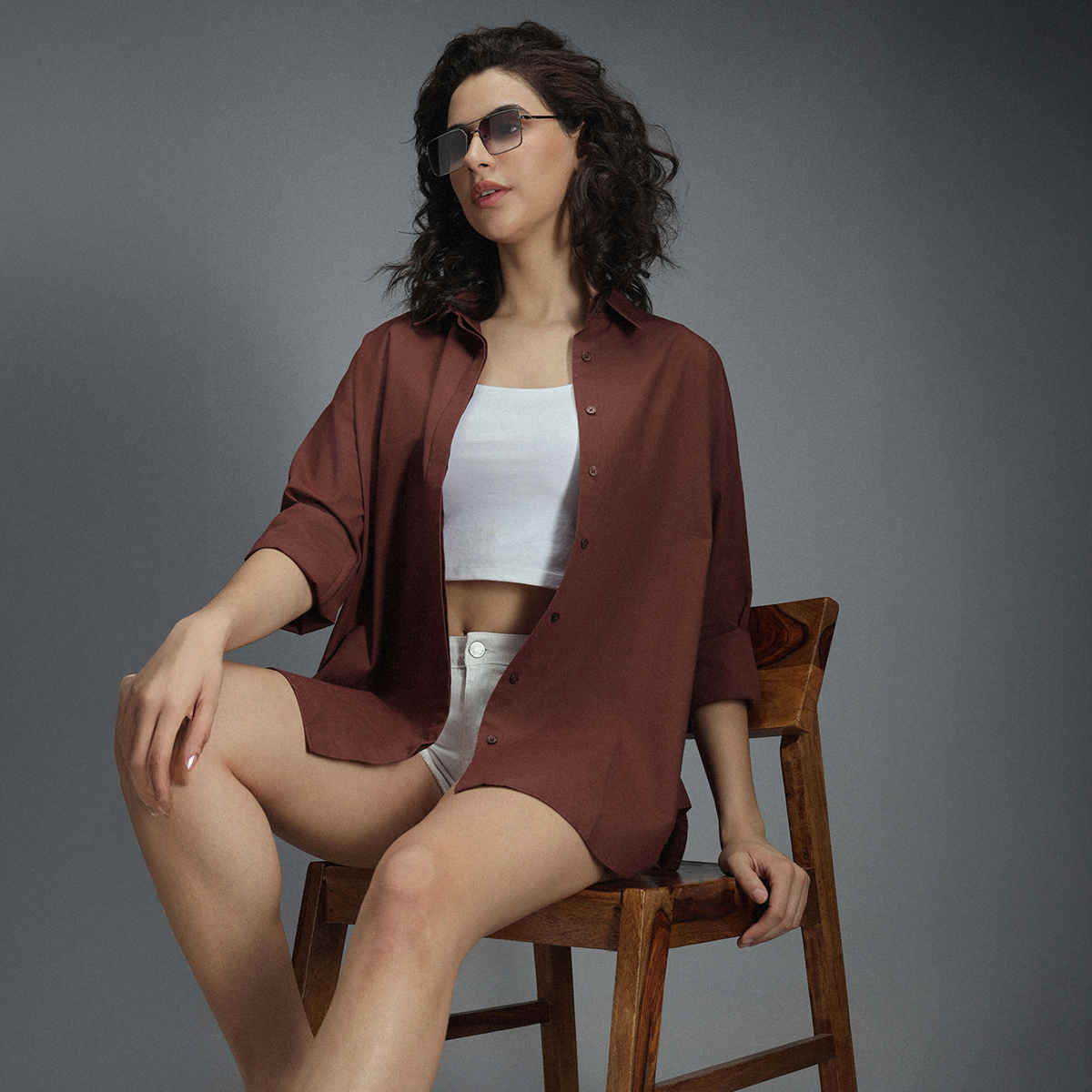 High Star Women Brown Classic Oversized Drop-Shoulder Sleeves Pure Cotton Casual Shirt (Size-M)