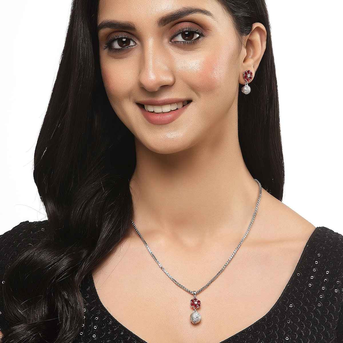 Zeneme Rhodium-Plated Silver Red CZ-AD Floral Cute Pendant Earrings Jewellery Set For Women & Girl