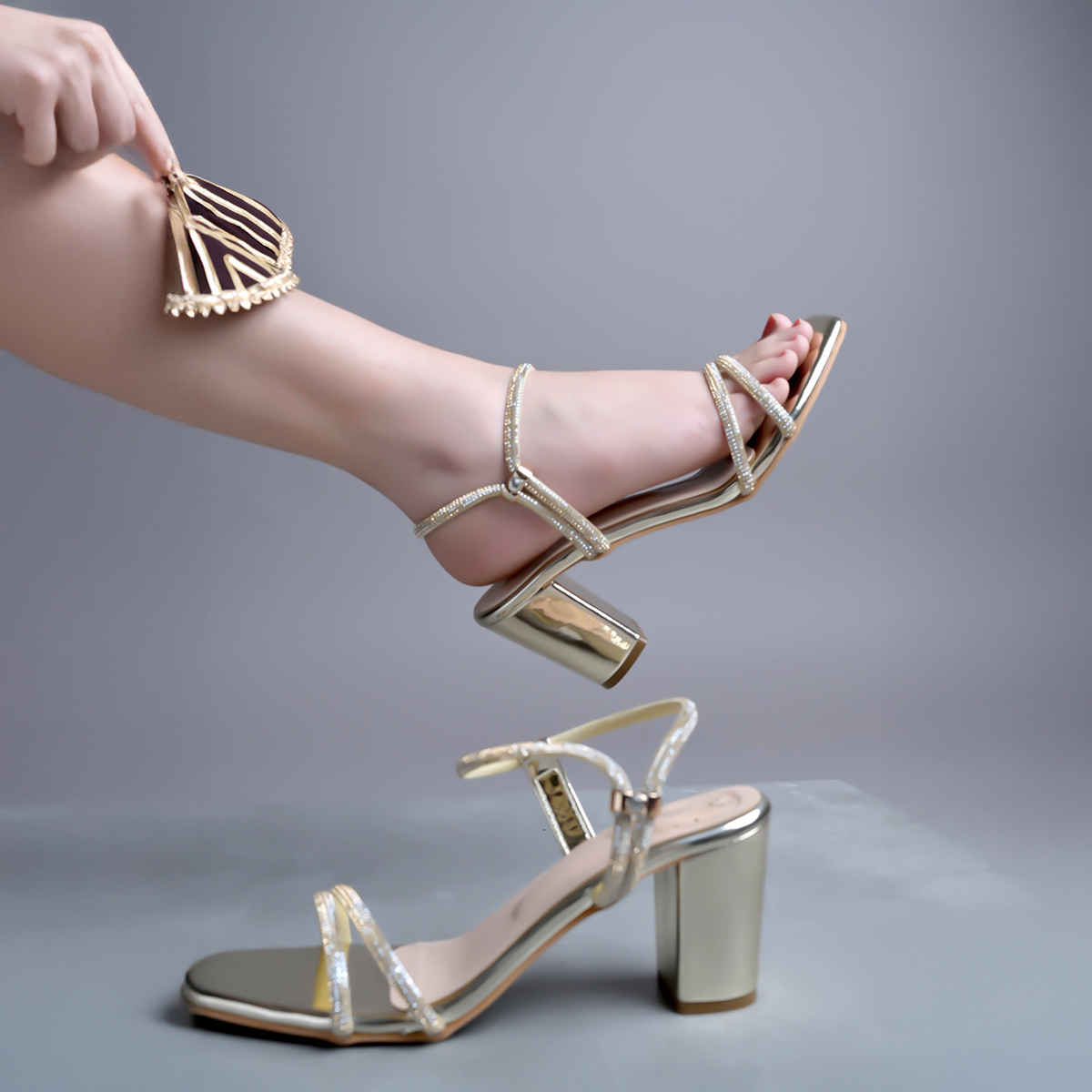 Shoetopia Women's Embellished Rhinestones Strap Heels | Heel-1246 | Golden - UK 5