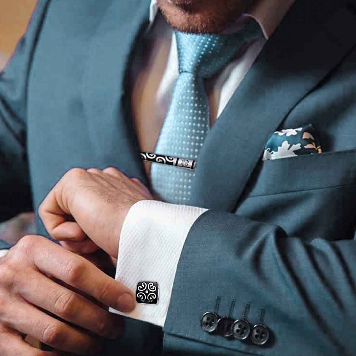 Peora Black Silver Decorative Combo Tie Pin and Cufflinks Set for Men Boys Wedding Business Gift