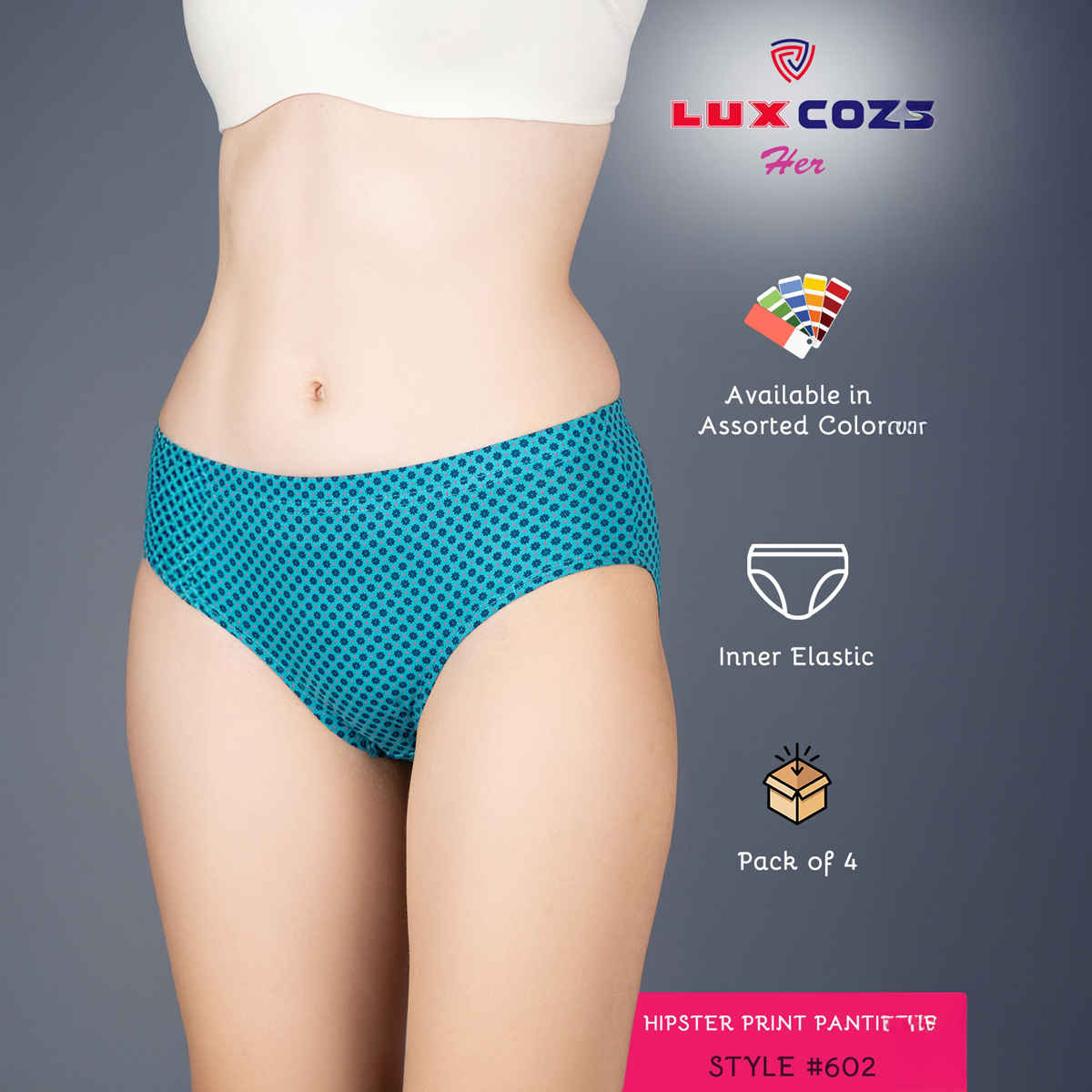 Lux Cozi Her Pure Cotton Hipster Printed Panty | Multicolor | Size-85 | Pack Of 4