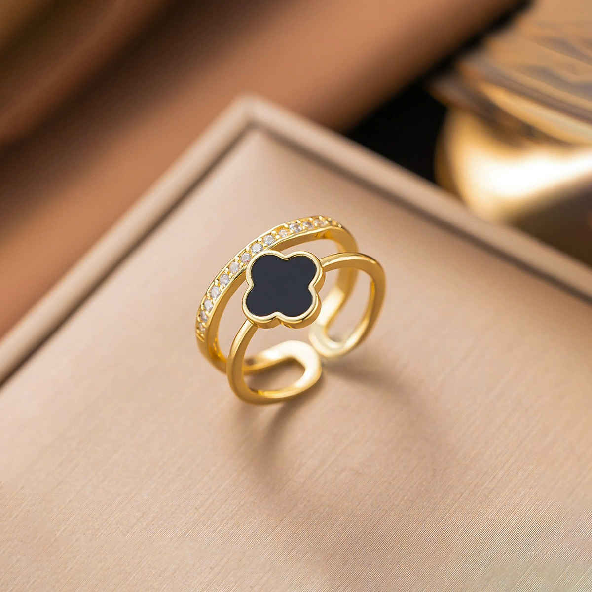 Label She Gold Plated Stainless Steel Clover Adjustable Ring | LS-RNG-72167