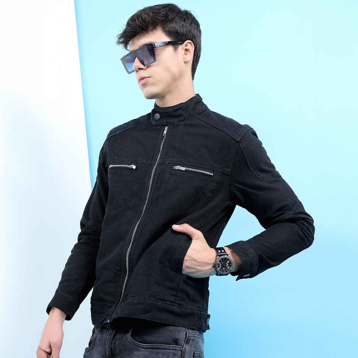 Highlander Men's Black Solid Denim Jacket | Black - M