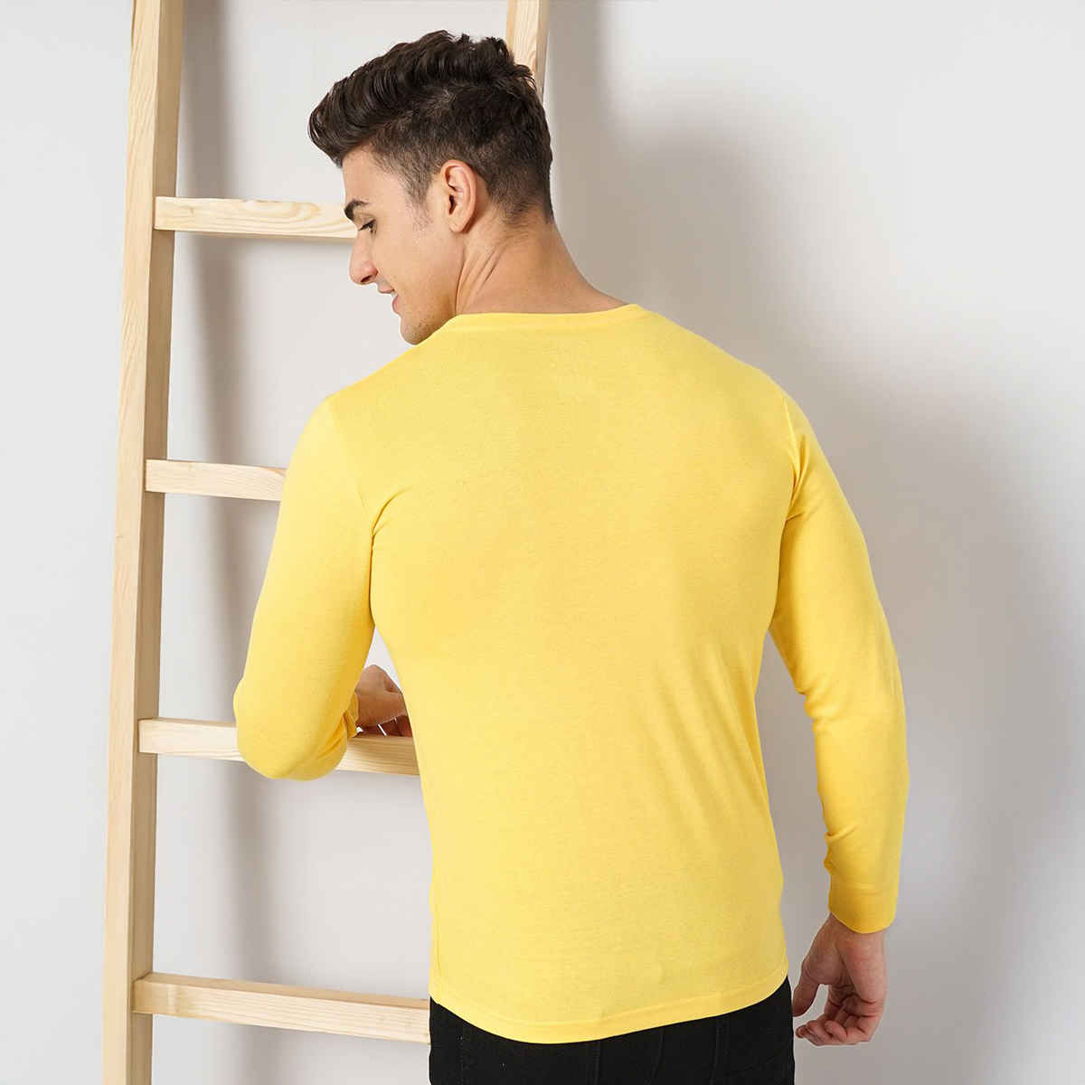 The Indian Garage Co Men Casual Regular Fit Yellow Solid Full Sleeve T-Shirt - M