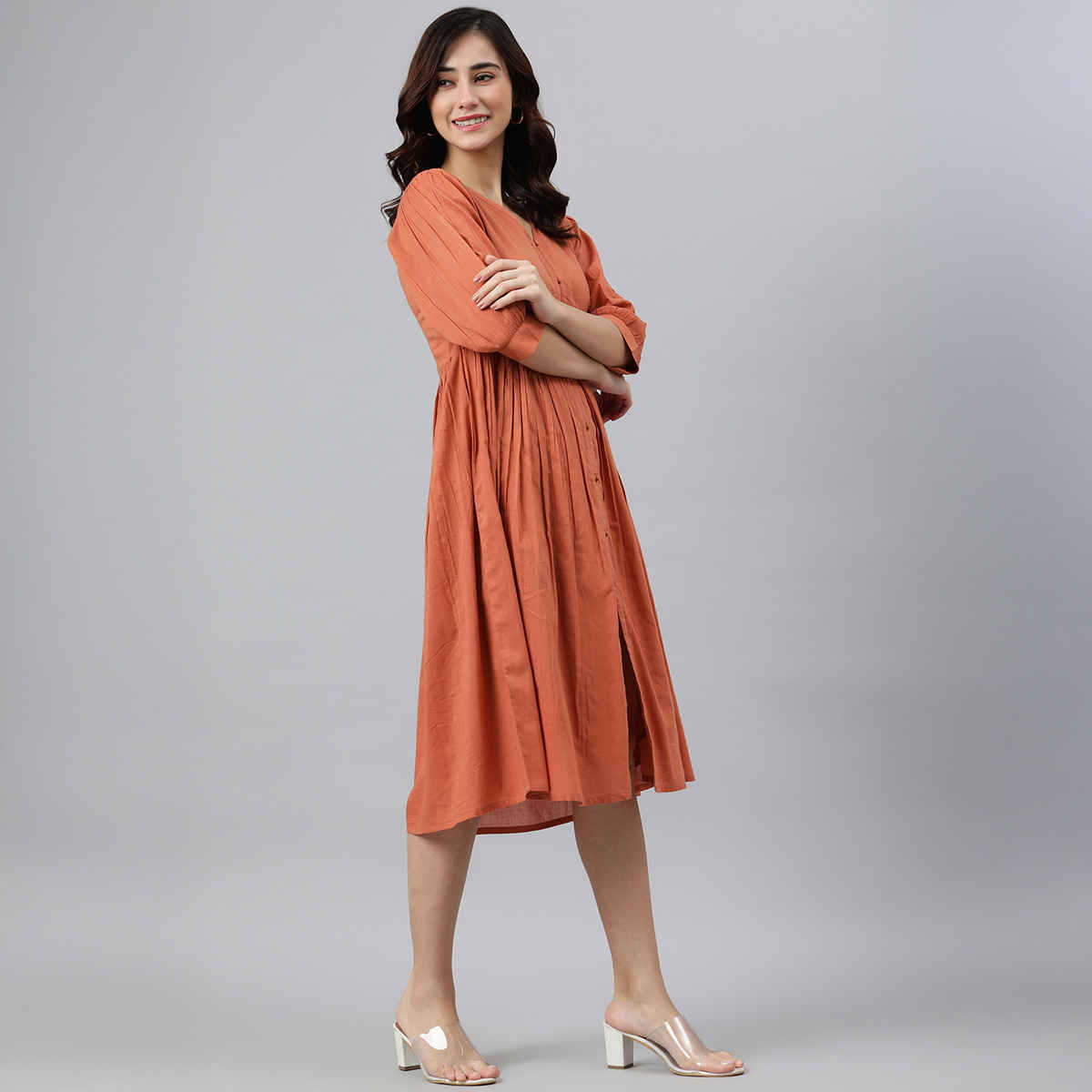 Janasya Women's Coral Orange Pure Cotton Solid Flared Dress - XL