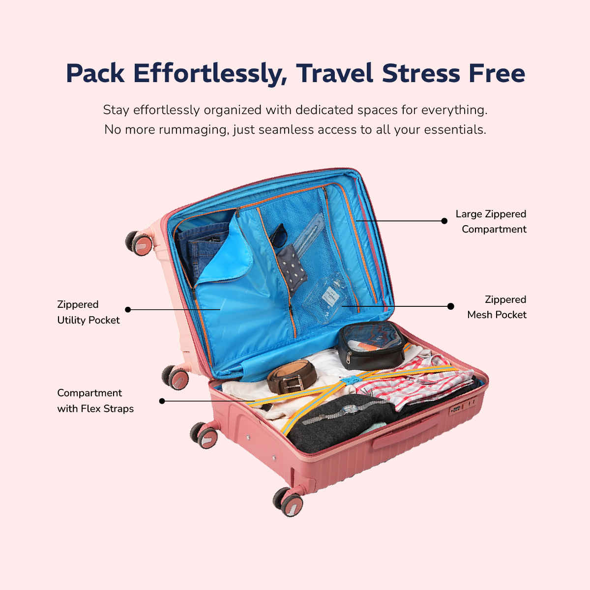 Provogue Coral Hard-Sided PP Medium Check-in Luggage Trolley Bag | Tea Rose- Redwood - 65 cm