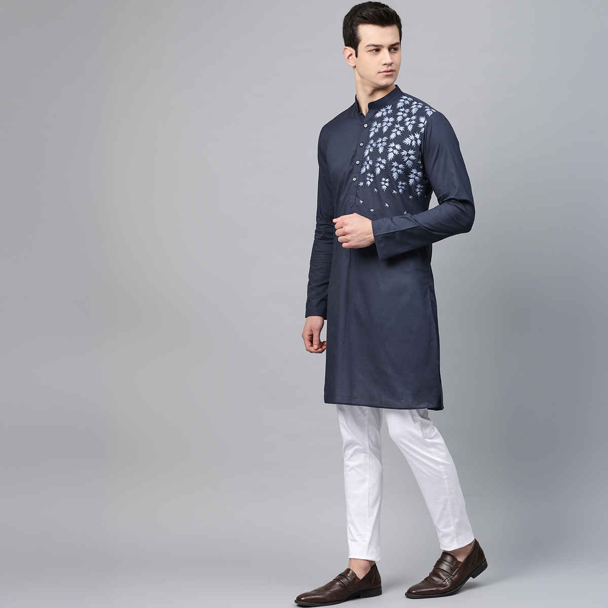 See Designs Men's Embroidered Straight Kurta | Navy Blue - XL