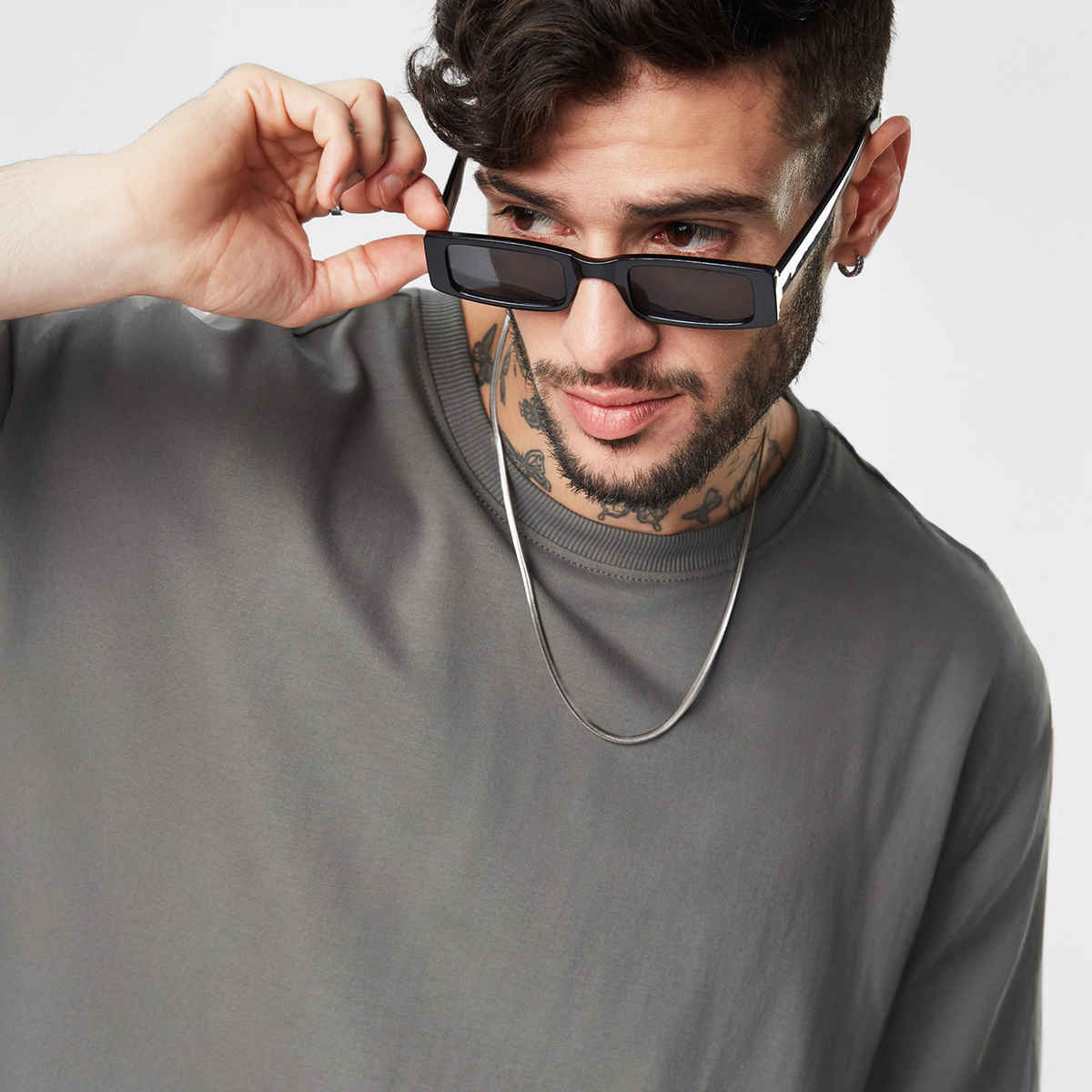 The Souled Store Men's Solids Oversized T-shirt | Smoke Grey - L