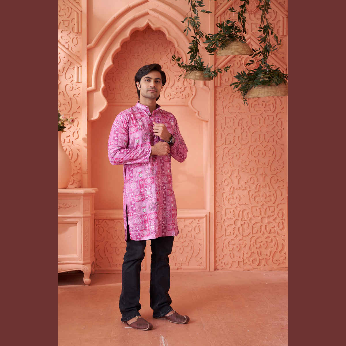 House Of Festivals Men's Printed Cotton Blend Long Kurta | Purple - XL