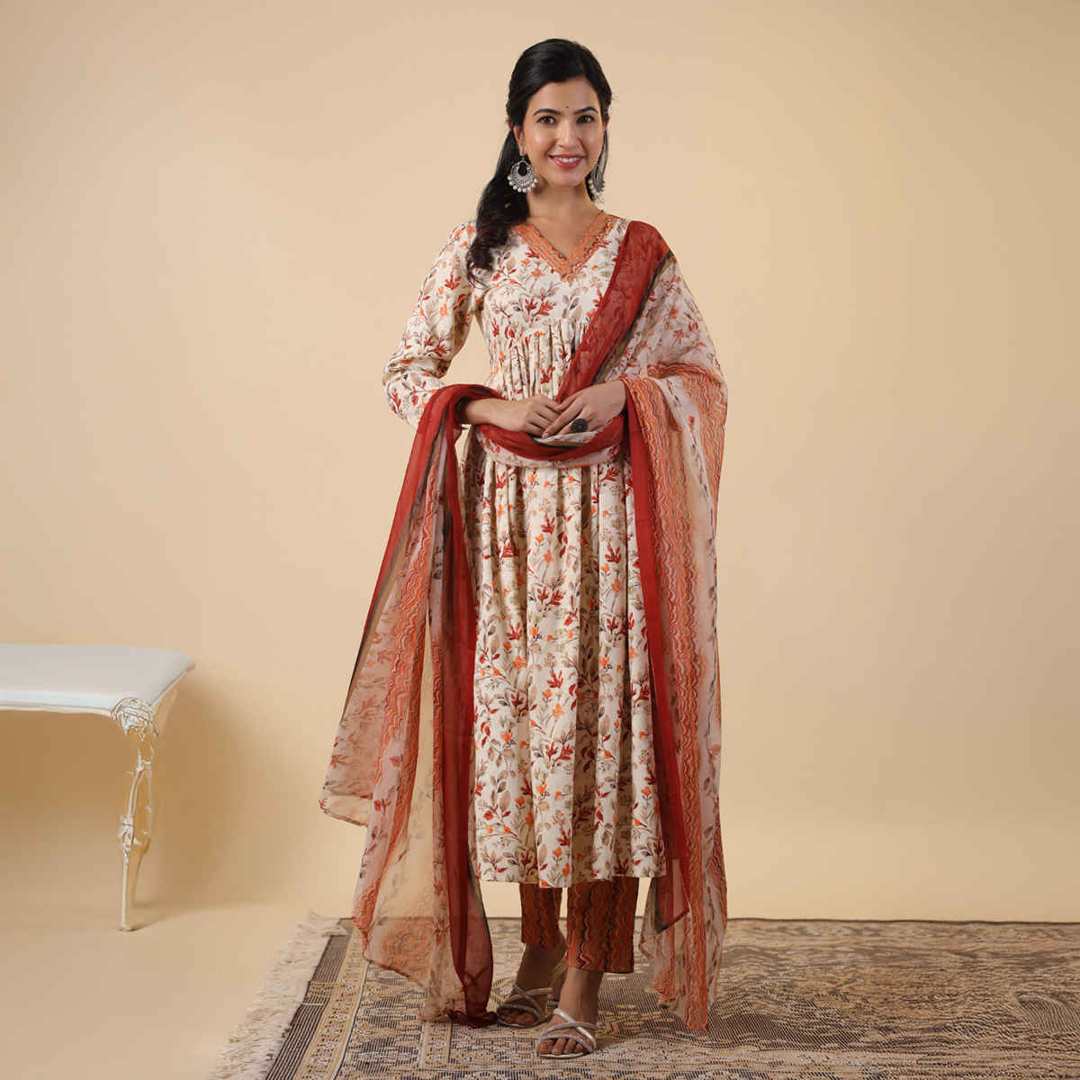 Janasya Women's Rayon Floral Printed A-line Kurta Set | Cream - XXL