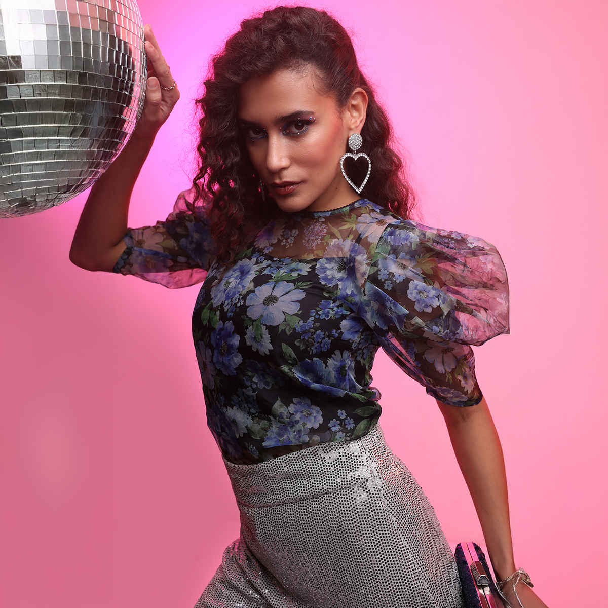 Tokyo Talkies Women's Floral Printed Puff Sleeves Top | Blue and Black - L