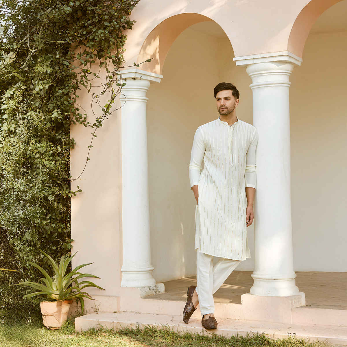 See Designs Men's Chanderi Silk Sequins Kurta | Off White and Gold - S