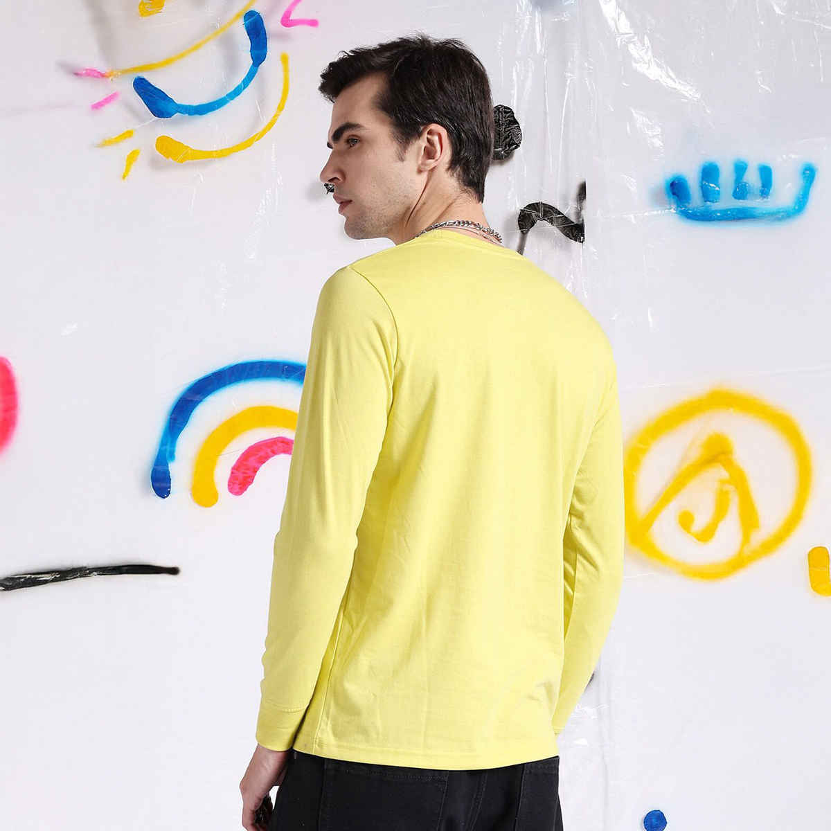 The Indian Garage Co Men Casual Regular Fit Super Lemon Solid Full Sleeve T-Shirt - L