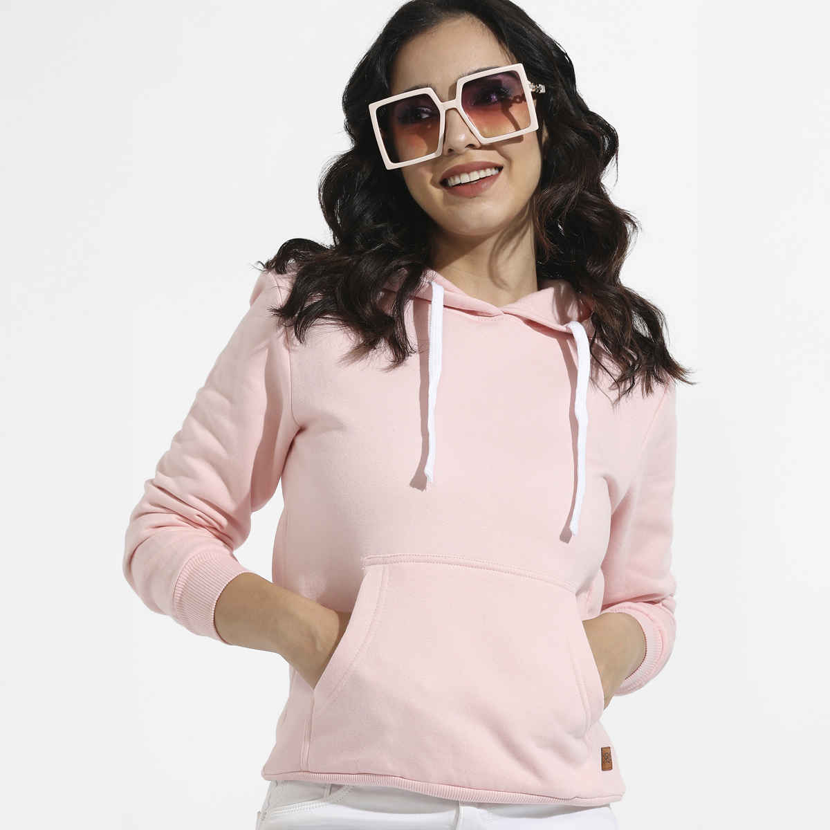 Campus Sutra Women's Zip-Front Hoodie with Ribbed Hem | Light Pink - M
