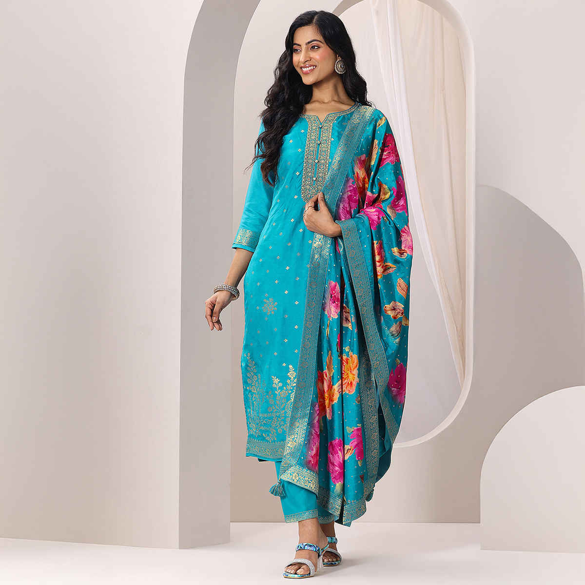 Libas Rama Woven Design Silk Blend Straight Suit Set With Dupatta | 99077OR | Blue - L