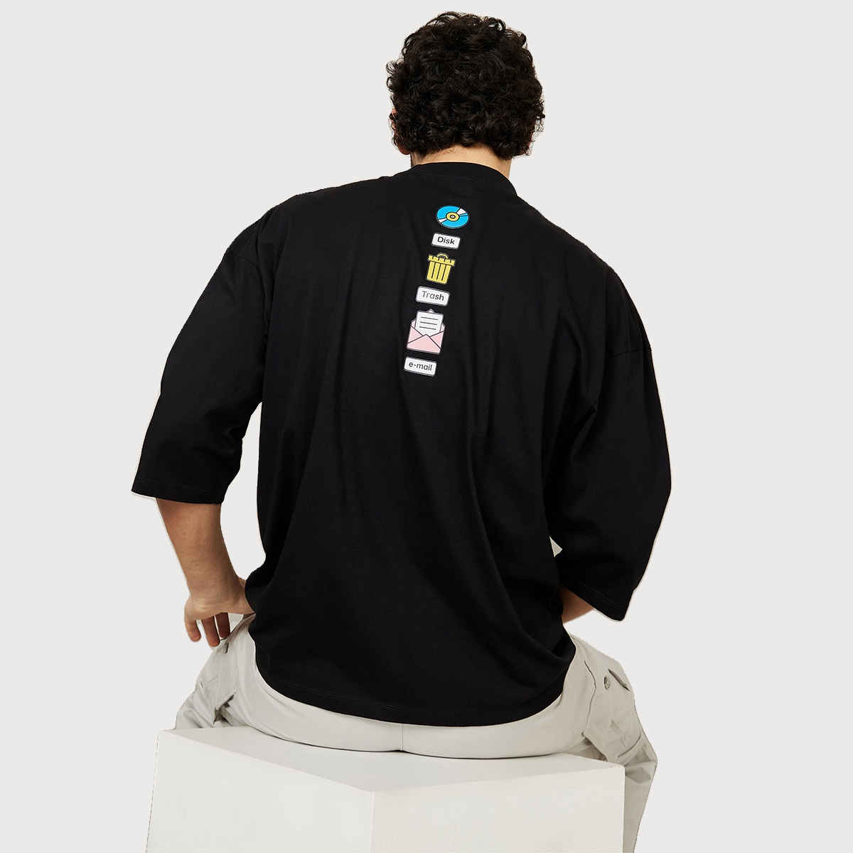 Styli Men's 3/4 Sleeve Drop Shoulder T-shirt with Cartoon Print | Black - S