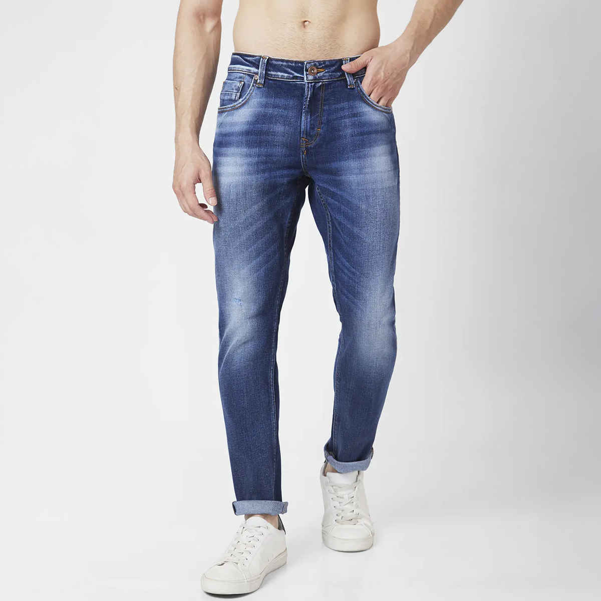 Spykar Men's Slim Fit Low Rise Jeans | Skinny | Mid Blue - 32