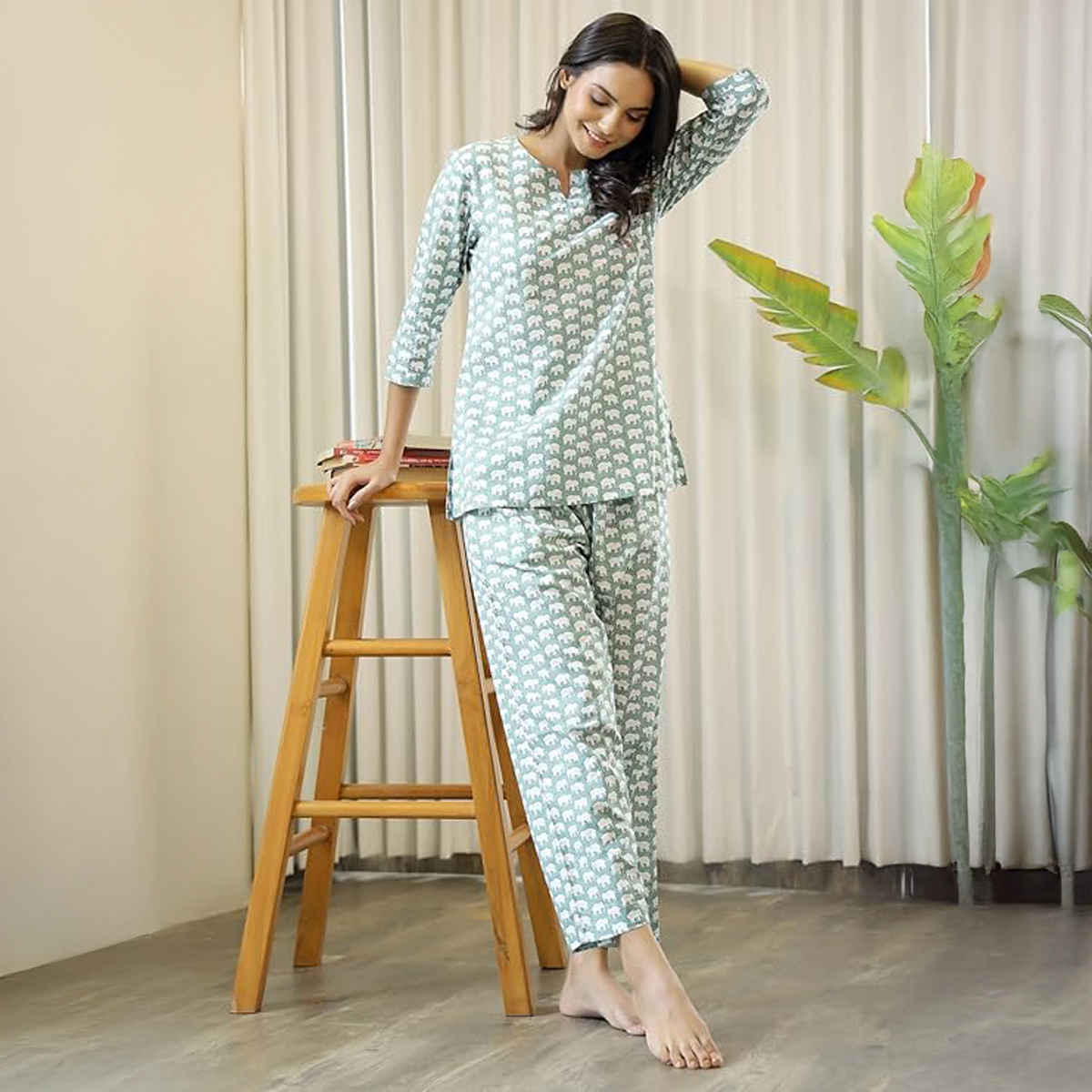 Sanskrutihomes Women's Printed Pure Cotton Night Suit | Green - S