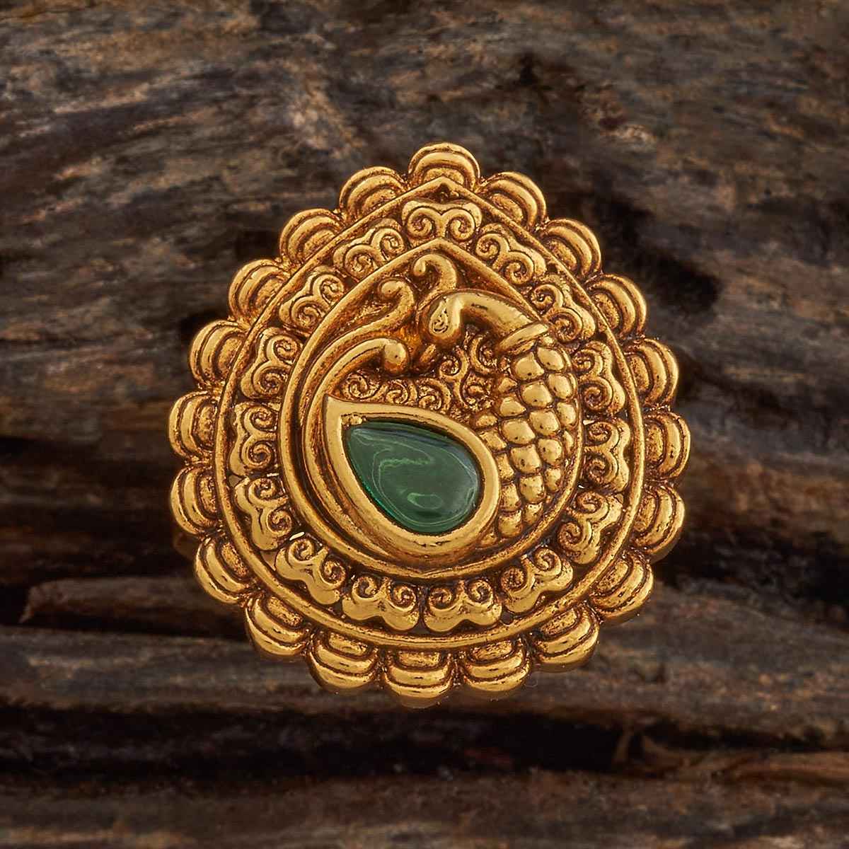 Kushal s Fashion Jewellery Green Gold-Plated Synthetic Stones Antique Finger Ring | 435974
