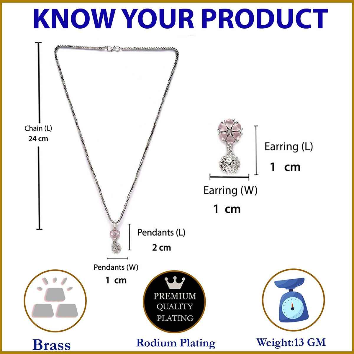 Zeneme Rhodium-Plated Silver Pink CZ-AD Floral Cute Pendant Earrings Jewellery Set For Women & Girl