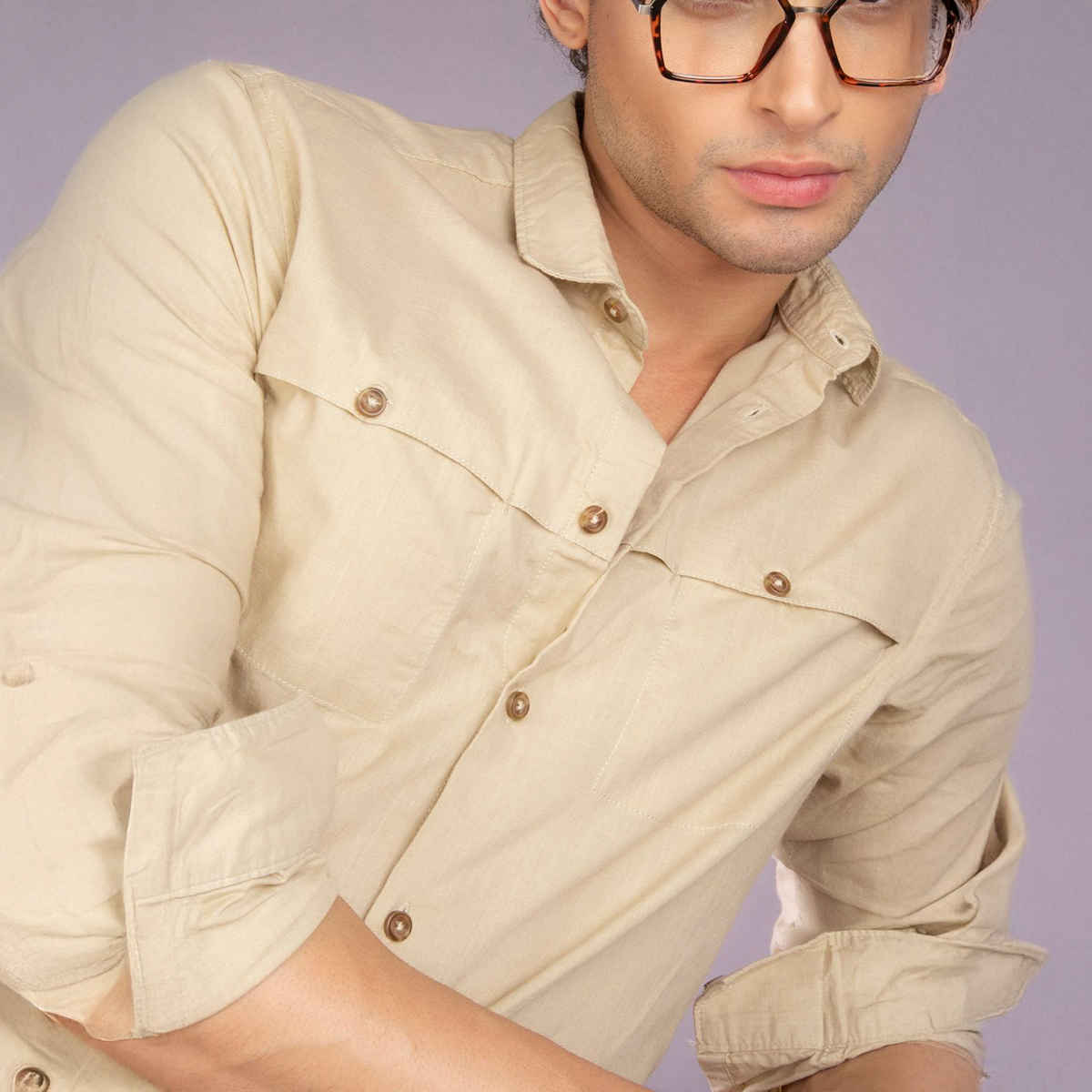 The Indian Garage Co Men's Slim Fit Solid Casual Shirt | Beige - S