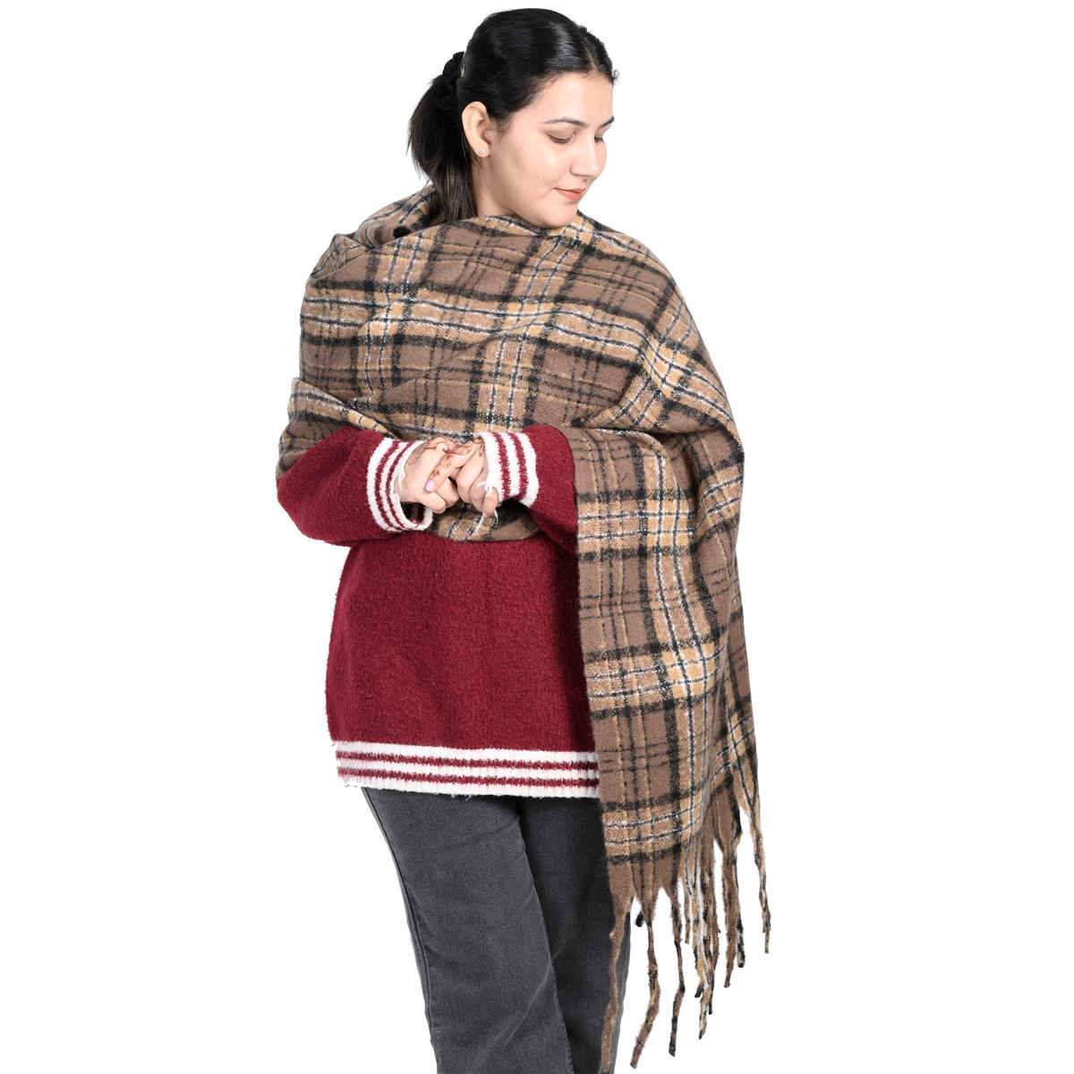 Calvadoss Women's Checked Stole With Fringed Border | STL1530 | Brown and Beige