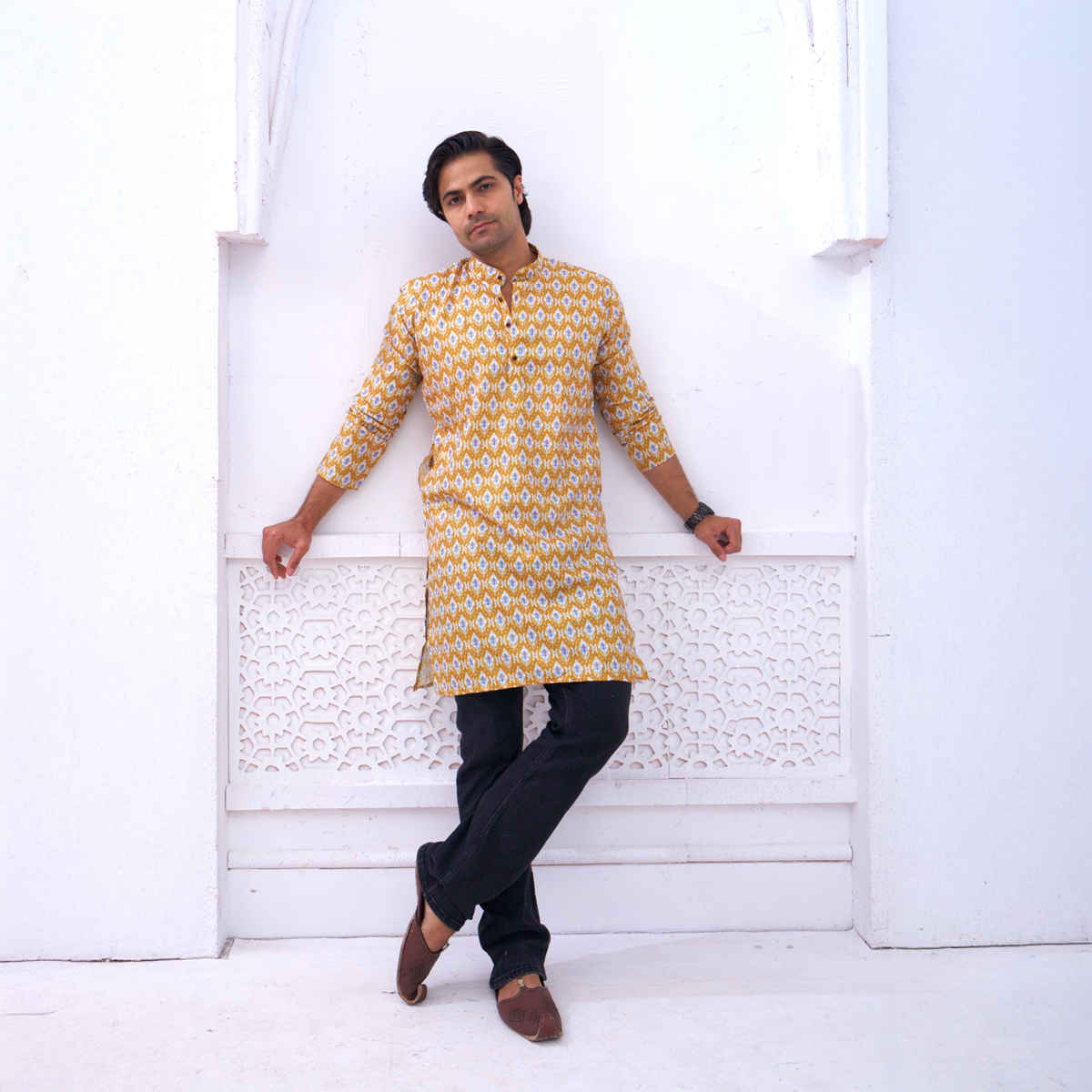 House Of Festivals Men's Printed Cotton Blend Long Kurta | Yellow - M