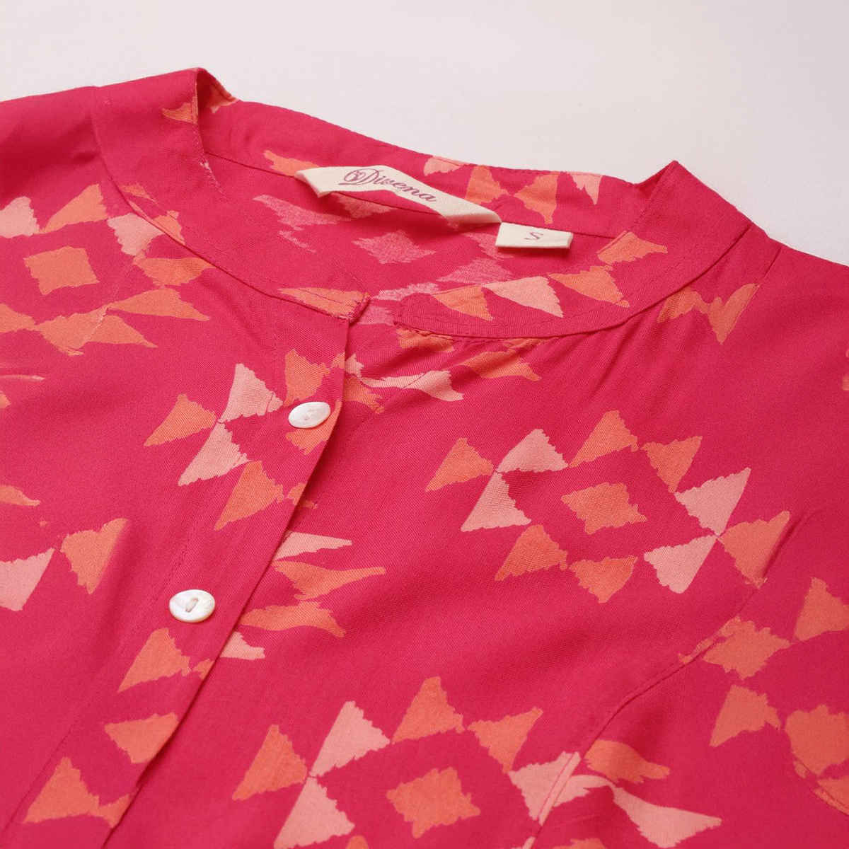 Divena Women's Geometric Print Rayon Shirt Style Top | DK0697 | Pink - S