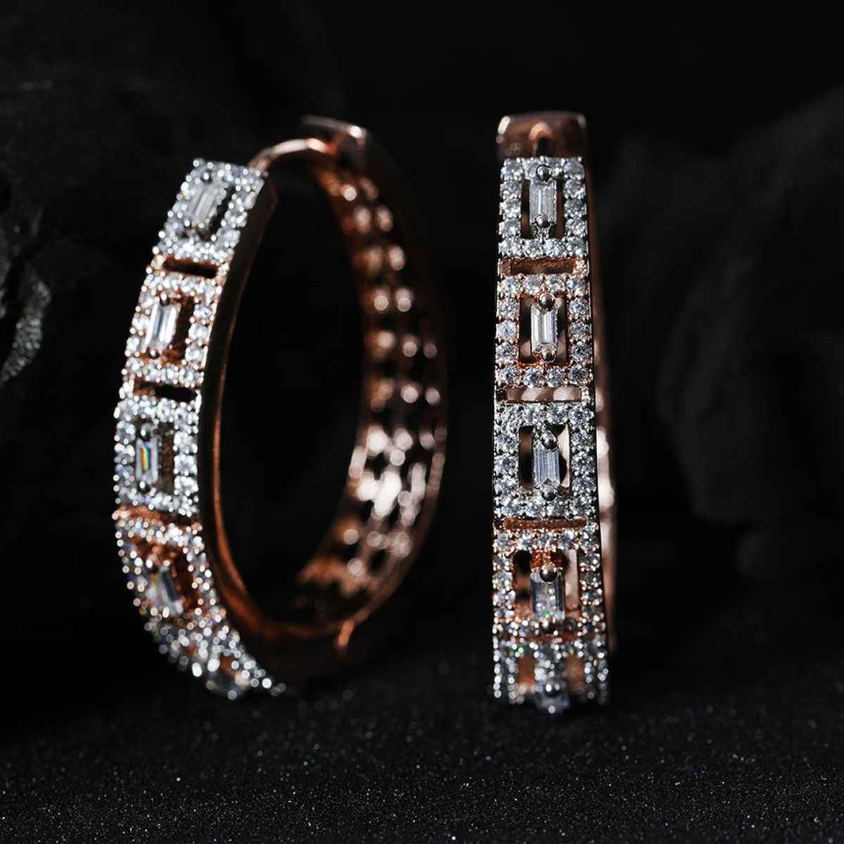 Priyaasi Quintessence Rose Gold Plated American Diamond Studded Hoop Earrings