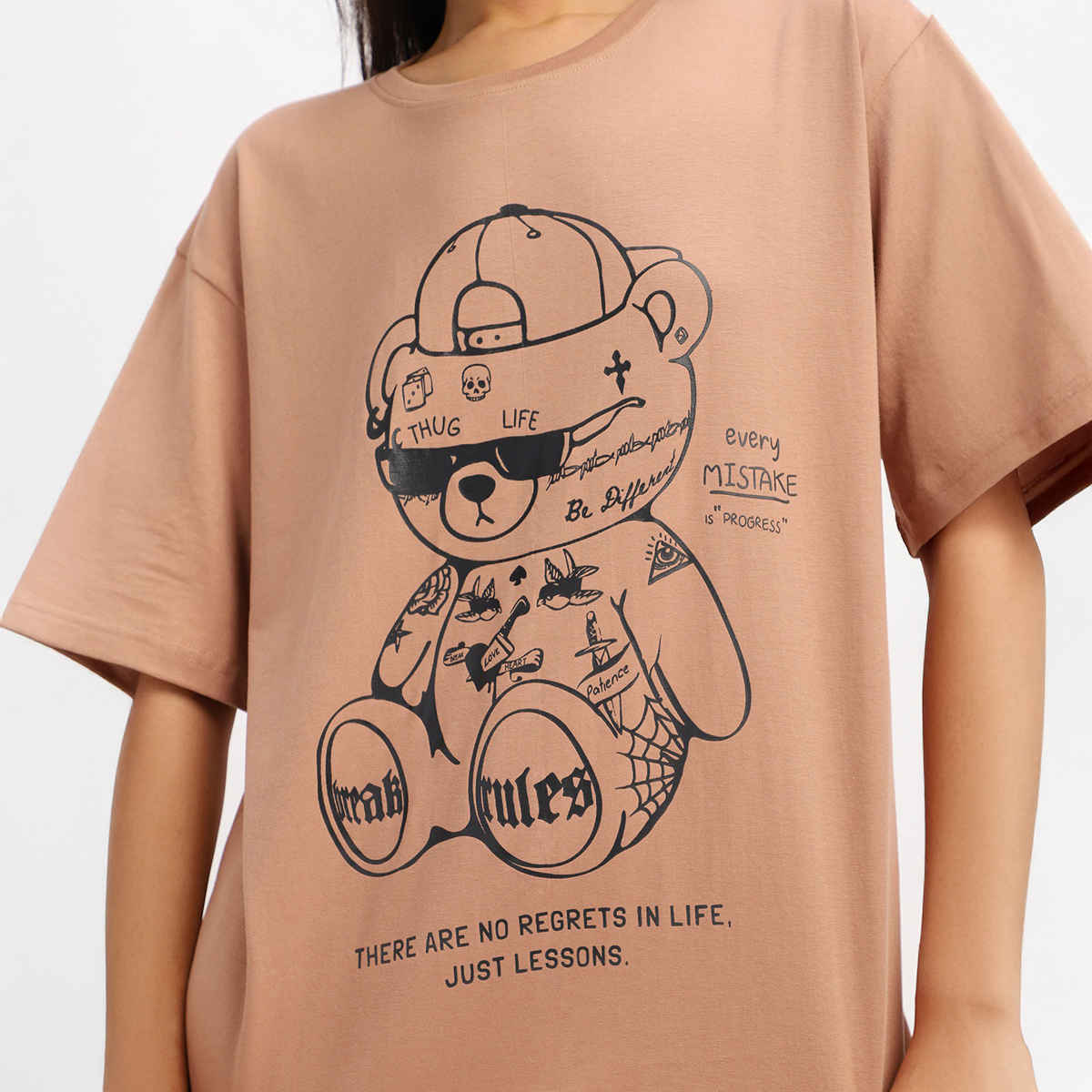 Juneberry Beige Print Graphic Oversized fit Tshirt for Women - S