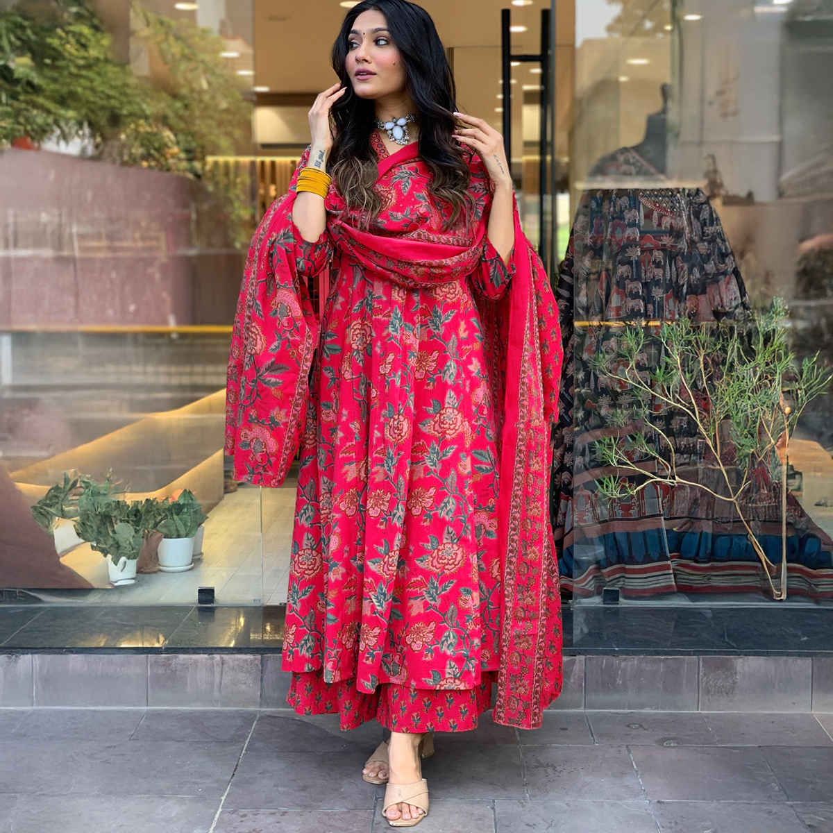 GoSriKi Women's Viscose Rayon Anarkali Printed Kurta with Pant & Dupatta | CIA | Pink - L