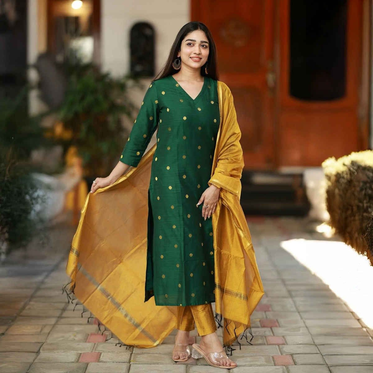 GoSriKi Women's Rayon Blend Straight Polka-Dot Kurta with Pant & Dupatta | SDF | Green - L