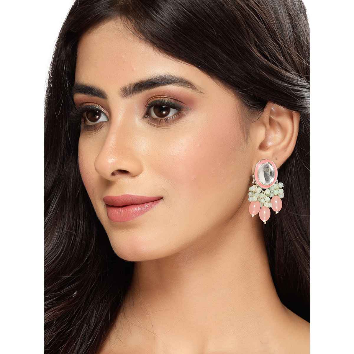 Studio Sukkhi Stylish Gold Plated Pink & White Kundan Meenakari Drop Earrings for Women