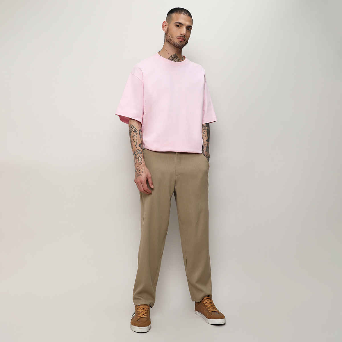 Campus Sutra Men's Solid Tailored Trousers | Brown Beige - 34