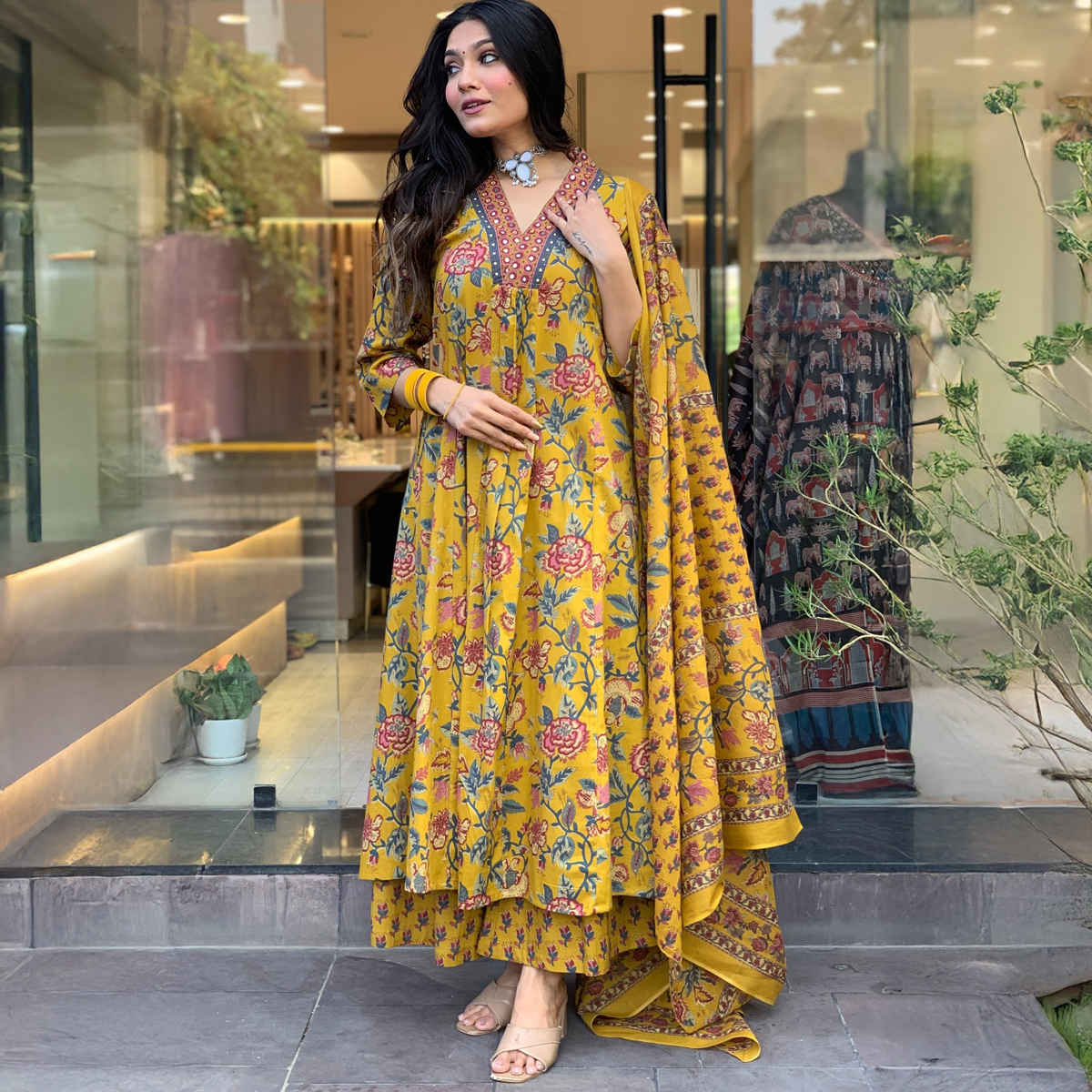 GoSriKi Women's Rayon Blend Anarkali Printed Kurta with Palazzo & Dupatta | CIA | Yellow - XL