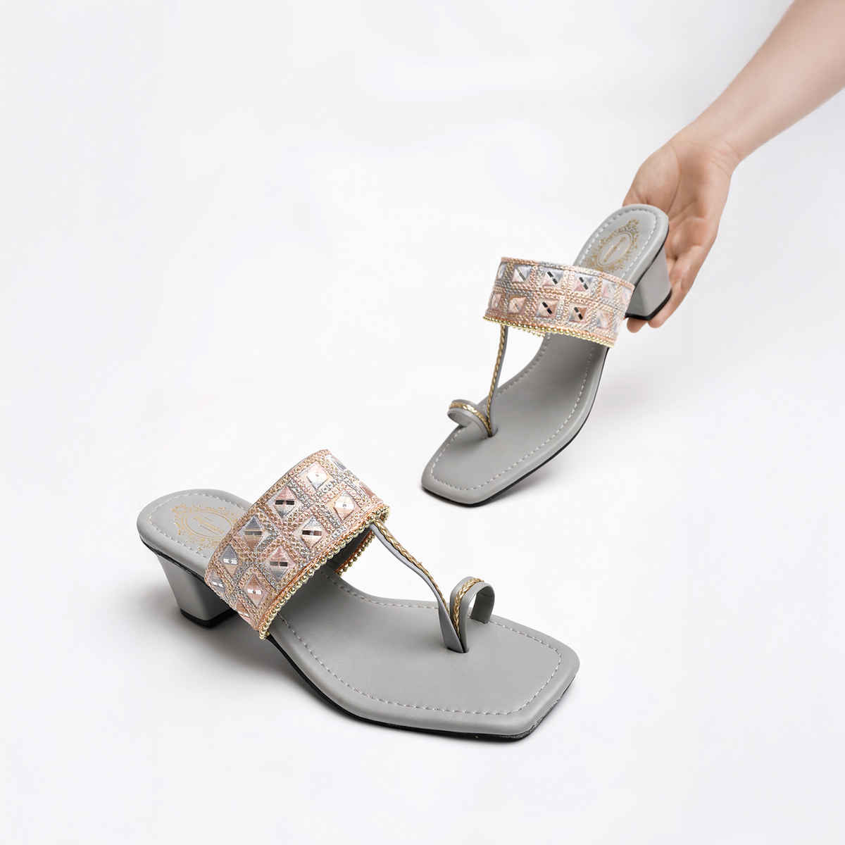 Shoetopia Classic Grey Kolhapuri Heels For Women | UK 6