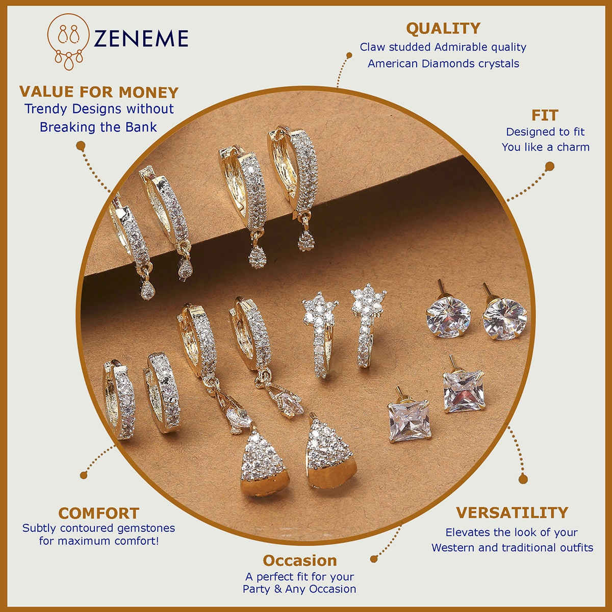 Zeneme Gold Plated Gold Toned Set Of 8 White Contemporary Stud & Drop Earrings For Women & Girls