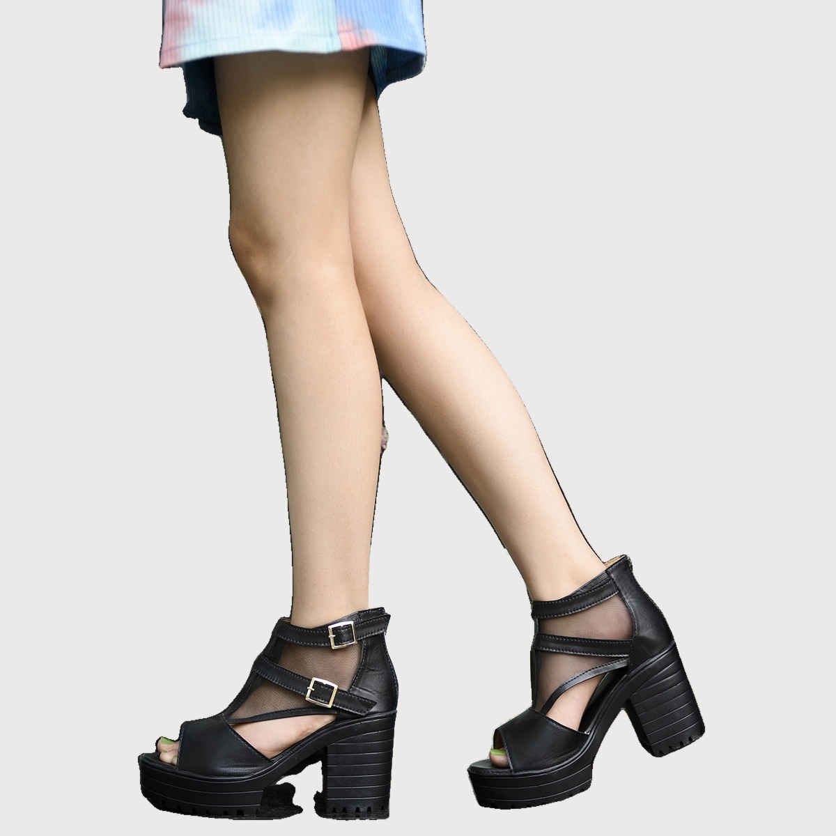 Shoetopia Women Black Platform Peep Toes with Buckles | UK 7