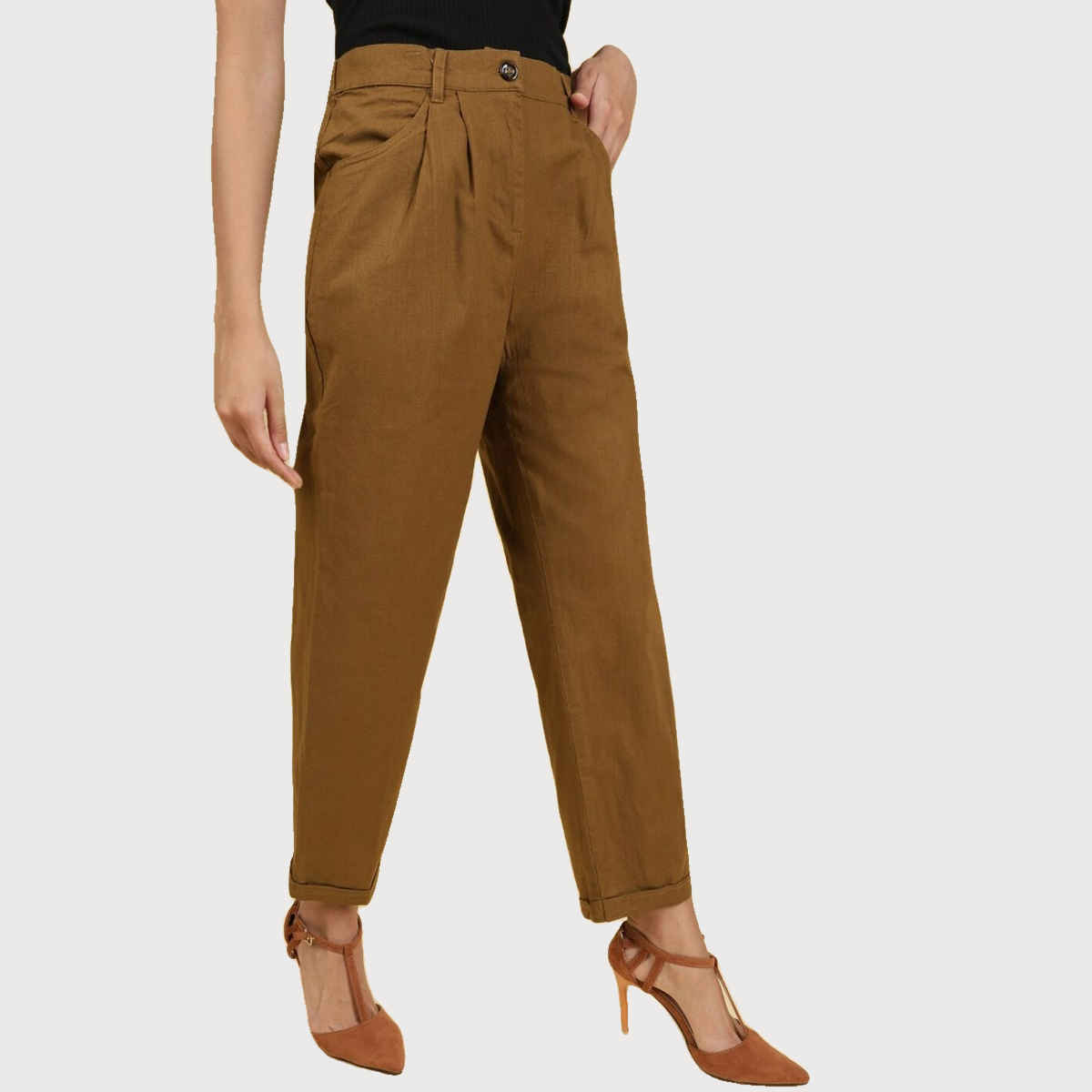 Freehand Women's Casual Regular Pleated Pants - Ginger Bread | Solid | 30