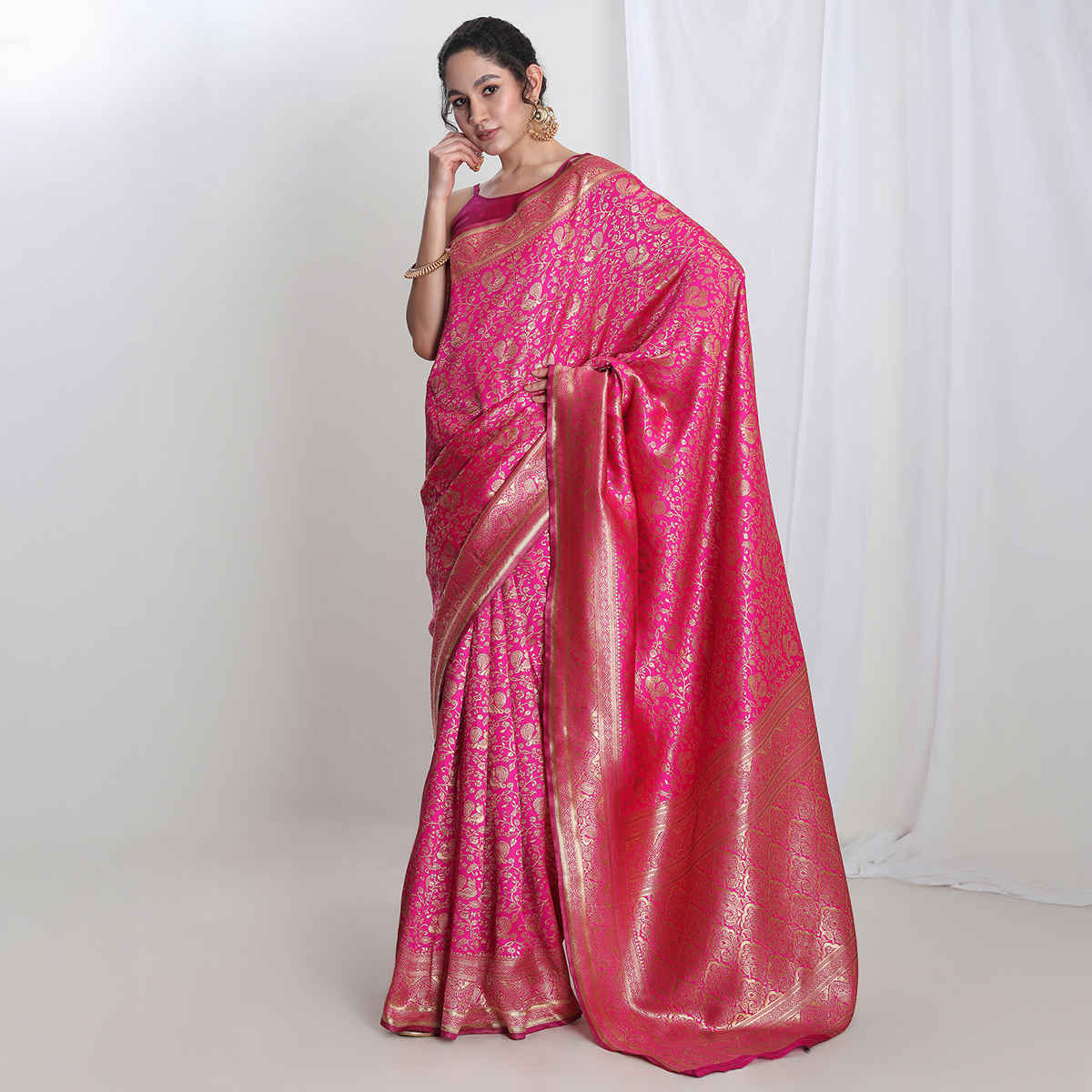 Janasya Women's Silk Blend Floral Woven Design Jacquard Saree with Blouse Piece | SAR654 | Pink