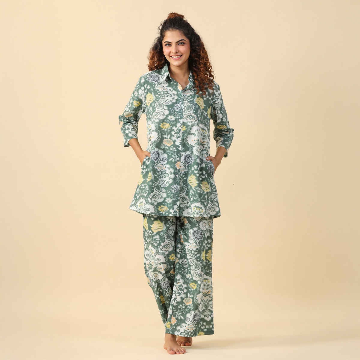Sanskrutihomes Floral Printed Pure Cotton Night Suit | Green - White | S