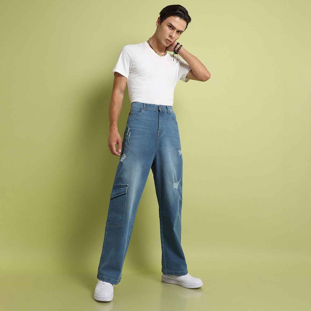 Campus Sutra Men's Asymmetrical Stitch Denim Jeans | Blue - 34