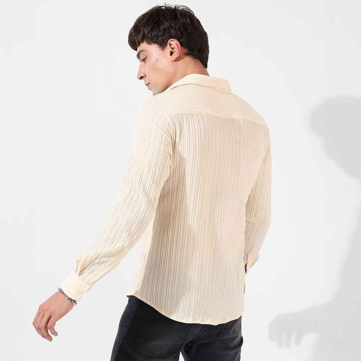 Campus Sutra Men's Self-Design Striped Shirt | Yellow - XL