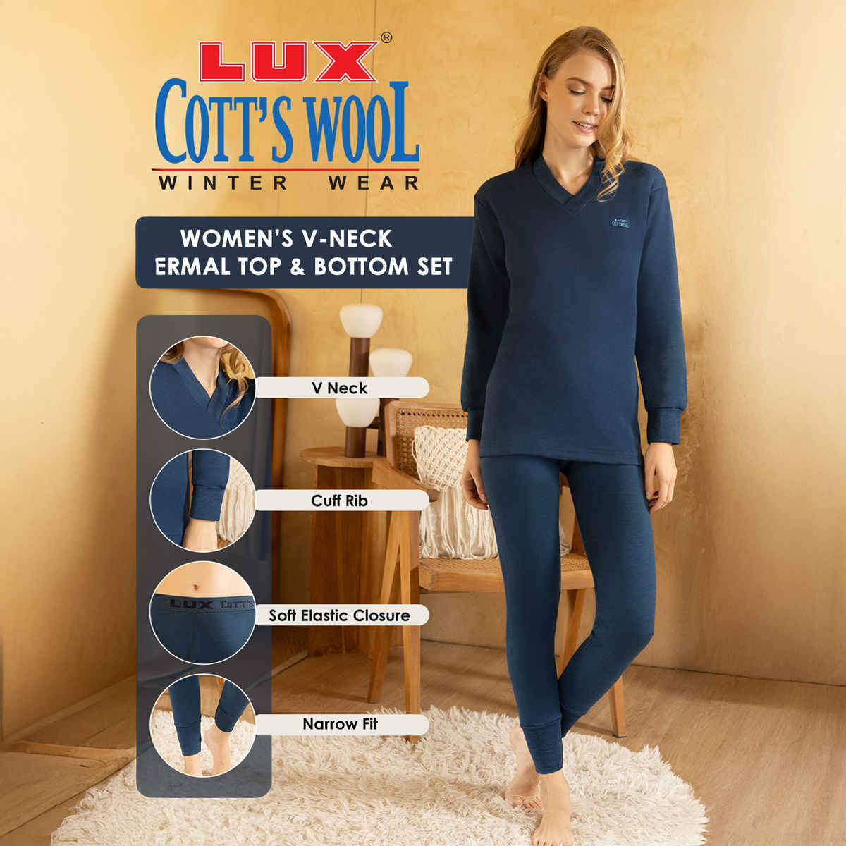 Lux Cottswool Women's Thermal Set For Embrace Warmth and Style Blue - 90CM