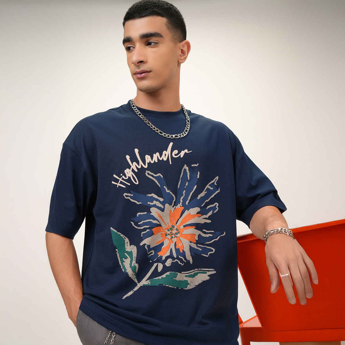 Highlander Men's Round Neck Half Sleeve Oversized T-shirt | Blue | S