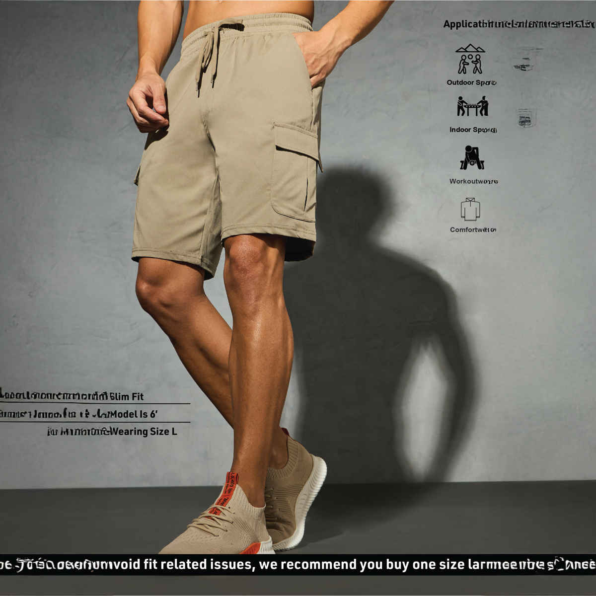 Technosport Men Poly Solid Slim Fit Sports Shorts with TS FLEXI | Khaki | L